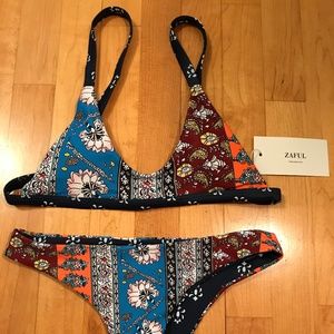 Zaful Patchwork Print Bralette Scoop Bikini Set